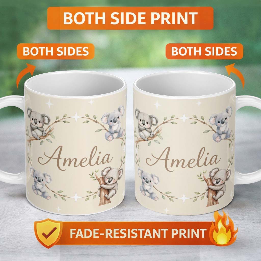 Personalized Custom Name Cute Baby Koala Bears with Stars on Soft Beige Background Seamless 11oz Ceramic Coffee Tea Mug White Large Handle