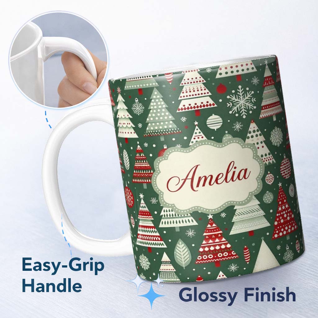 Personalized Custom Name Scandi Christmas Trees Red White Green Snowflakes Nordic Seamless 11oz Ceramic Coffee Tea Mug White Large Handle
