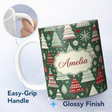 Personalized Custom Name Scandi Christmas Trees Red White Green Snowflakes Nordic Seamless 11oz Ceramic Coffee Tea Mug White Large Handle