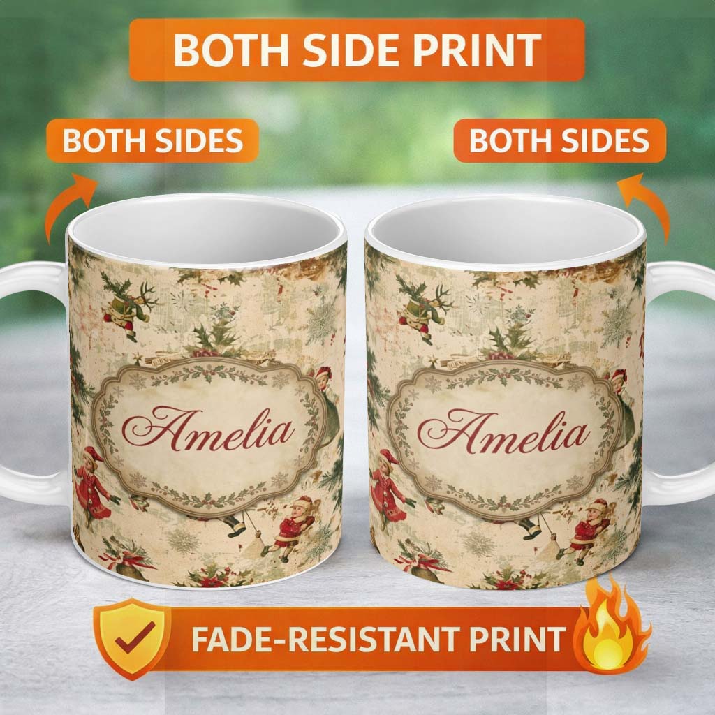 Personalized Custom Name Victorian Style Christmas Children Tree Holly and Festive Holiday 11oz Ceramic Coffee Tea Mug White Large Handle