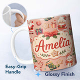 Personalized Custom Name Cute Santa Claus Mrs Claus Snowman Christmas Gift Pattern Peach 11oz Ceramic Coffee Tea Mug White Large Handle