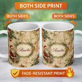 Personalized Custom Name Rustic Vintage Santa Pine Branch Ornament Seamless Pattern Lovely 11oz Ceramic Coffee Tea Mug White Large Handle