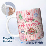 Personalized Custom Name Christmas Festive Stickers Gingerbread House Tree Soft Pink Stripe 11oz Ceramic Coffee Tea Mug White Large Handle
