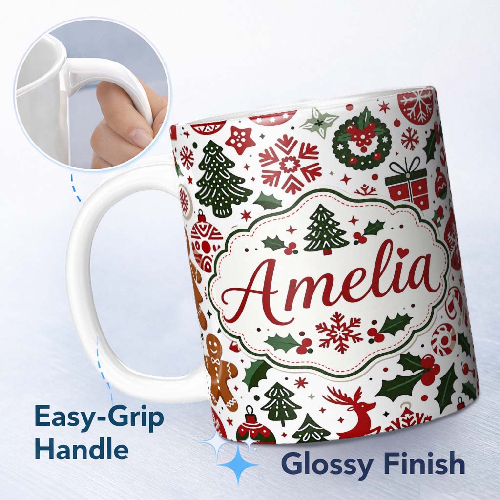 Personalized Custom Name Cute Christmas Tree Snowflake Baubles Festive Seamless Pattern 11oz Ceramic Coffee Tea Mug White Large Handle