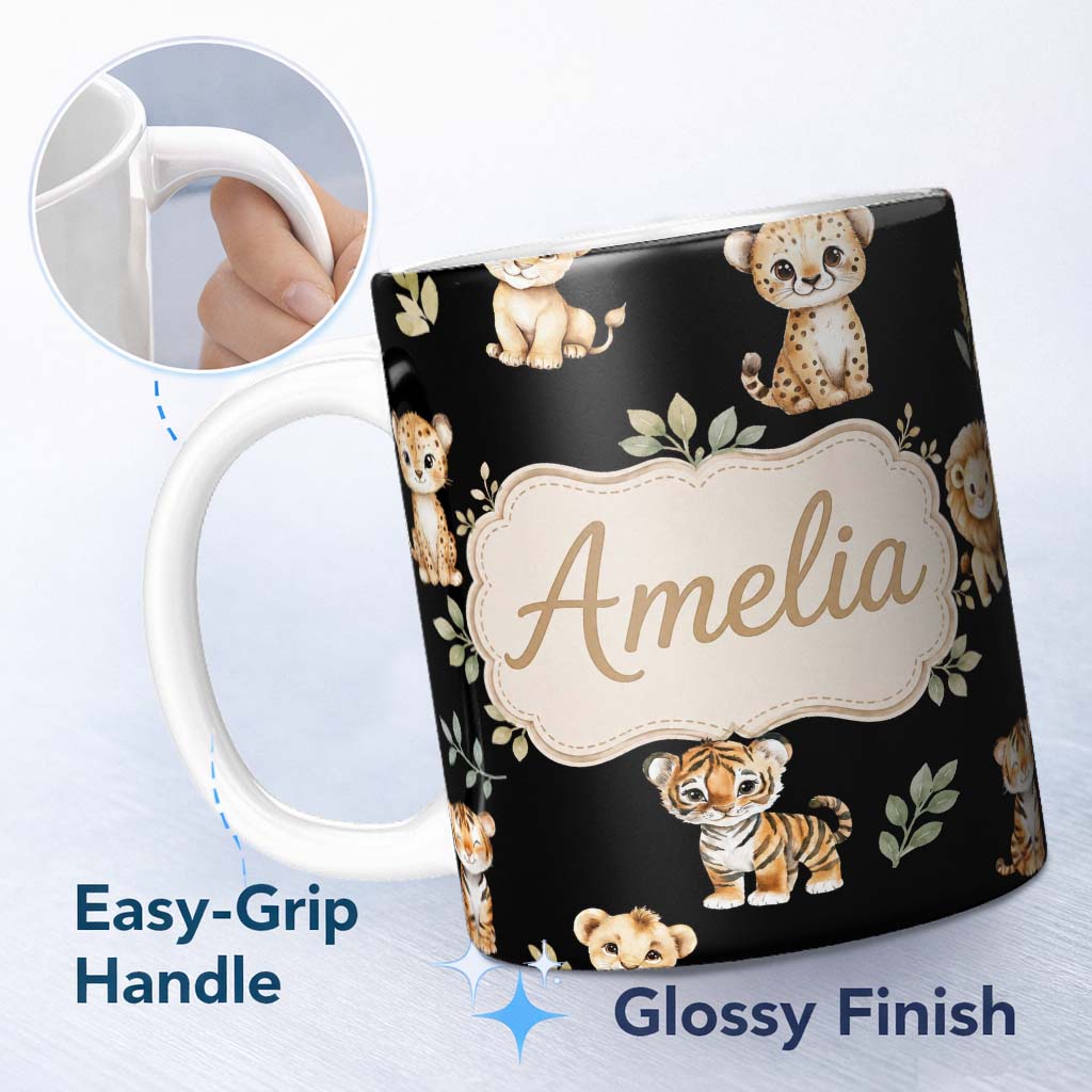 Personalized Custom Name Cute Baby Jungle Animals with Leaves on Cream Beige Background 11oz Ceramic Coffee Tea Mug White Large Handle