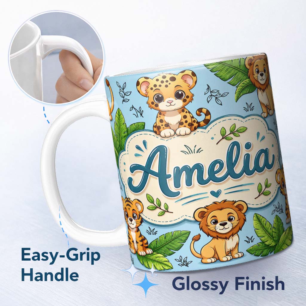 Personalized Custom Name Cute Jungle Animals Lion Tiger Leopard Tropical Leaves Mint Green 11oz Ceramic Coffee Tea Mug White Large Handle