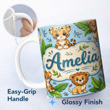 Personalized Custom Name Cute Jungle Animals Lion Tiger Leopard Tropical Leaves Mint Green 11oz Ceramic Coffee Tea Mug White Large Handle