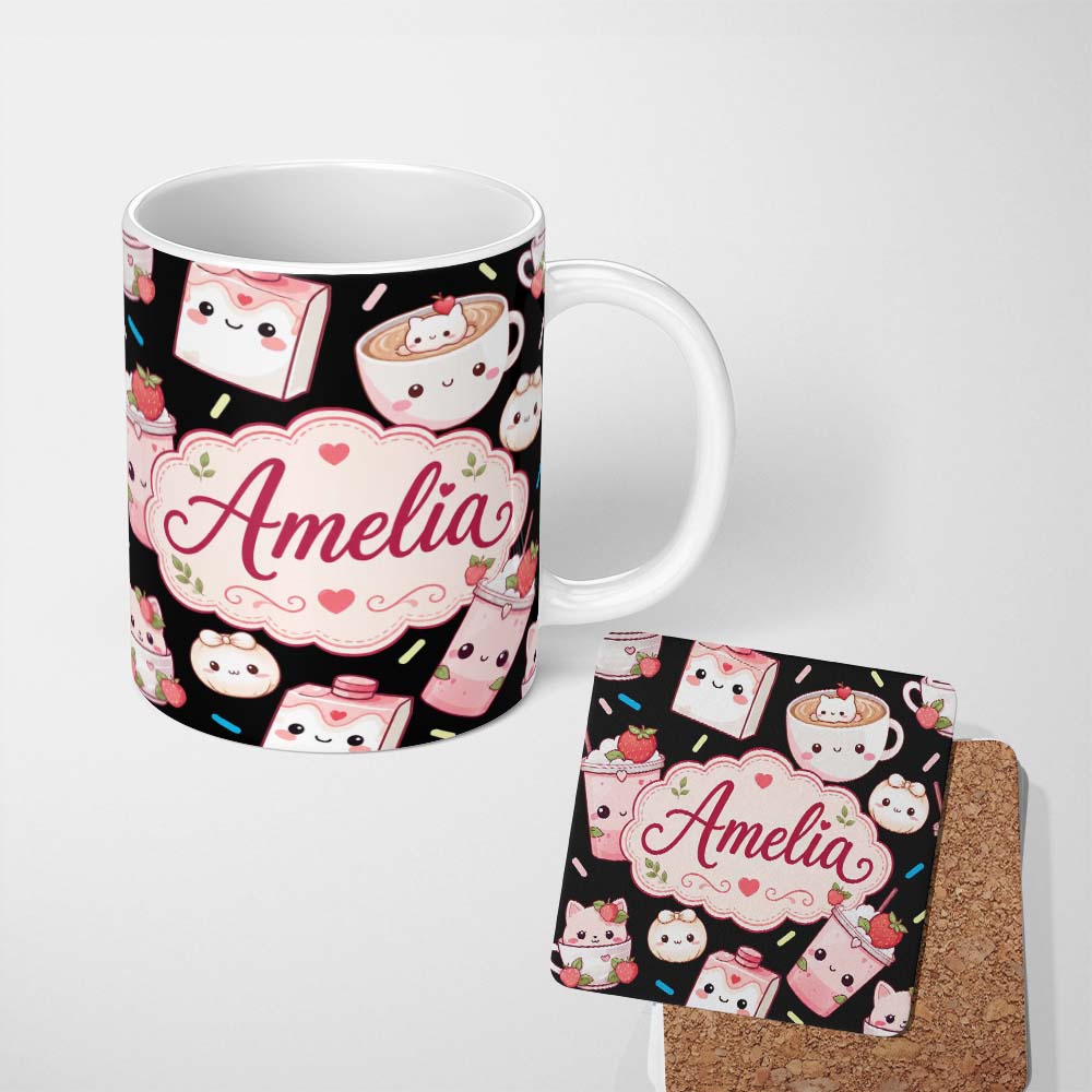 Personalized Custom Name Cute Kawaii Cute Drinks And Dessert Characters Seamless Pattern 11oz Ceramic Coffee Tea Mug White Large Handle