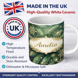 Personalized Custom Name Festive Green Pine and Snowflake Decorative Seamless Pattern Lovely 11oz Ceramic Coffee Tea Mug White Large Handle