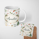 Personalized Custom Name Rustic Christmas Elements Holly Candy Cane Pattern Seamless Design 11oz Ceramic Coffee Tea Mug White Large Handle