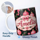 Personalized Custom Name Elegant Pink Christmas Ornament Ribbon Dark Seamless Pattern Lovely 11oz Ceramic Coffee Tea Mug White Large Handle
