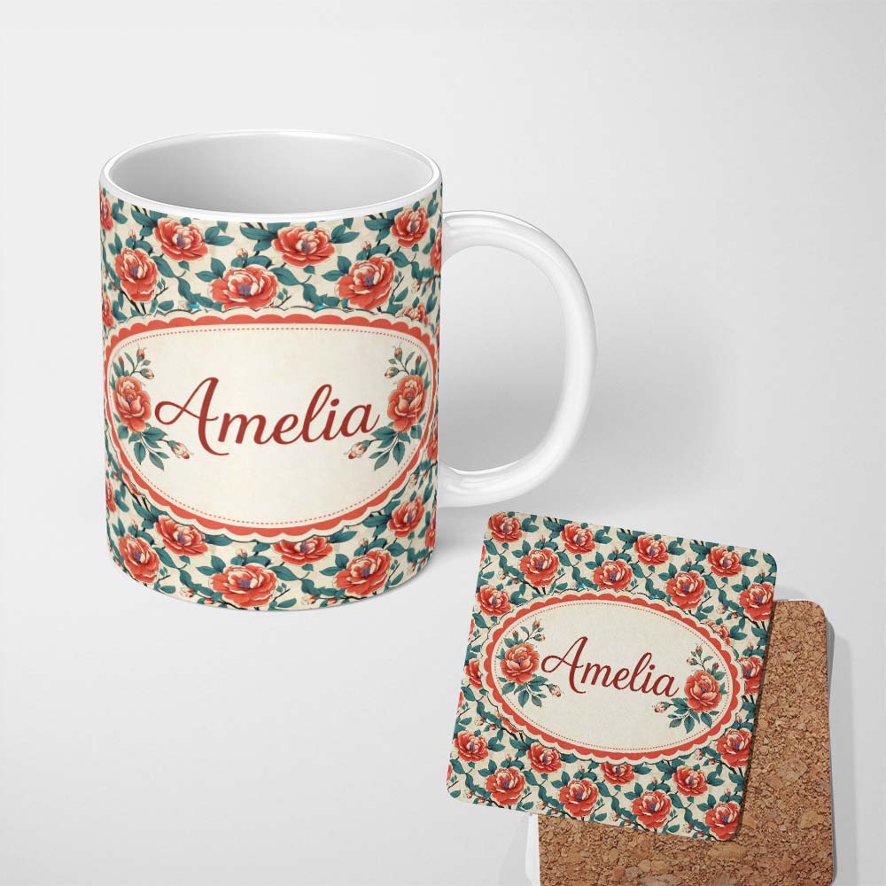 Personalized Custom Name Bold Red Blue Rose Floral Seamless Pattern Perfect Gift for Her 11oz Ceramic Coffee Tea Mug White Large Handle