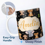 Personalized Custom Name Cute Jungle Baby Animals Lion Tiger Elephant Giraffe Pattern Black 11oz Ceramic Coffee Tea Mug White Large Handle