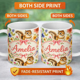 Personalized Custom Name Watercolor Chipmunk Wildflower Botanical Seamless Pattern Lovely 11oz Ceramic Coffee Tea Mug White Large Handle