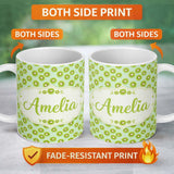 Personalized Custom Name Stylised Kiwi Slice Repeat Seamless Pattern on Soft Green Background 11oz Ceramic Coffee Tea Mug White Large Handle