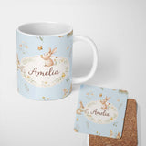 Personalized Custom Name Watercolor Bunny Floral Meadow Seamless Pattern on Blush Background 11oz Ceramic Coffee Tea Mug White Large Handle