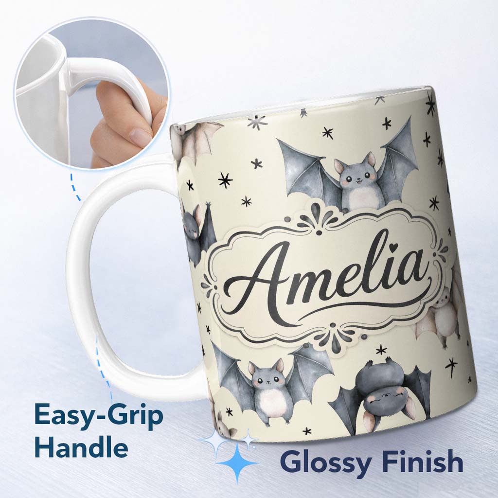 Personalized Custom Name Cute Watercolor Bats and Stars Seamless Pattern Beige Background 11oz Ceramic Coffee Tea Mug White Large Handle