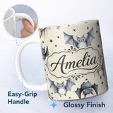 Personalized Custom Name Cute Watercolor Bats and Stars Seamless Pattern Beige Background 11oz Ceramic Coffee Tea Mug White Large Handle