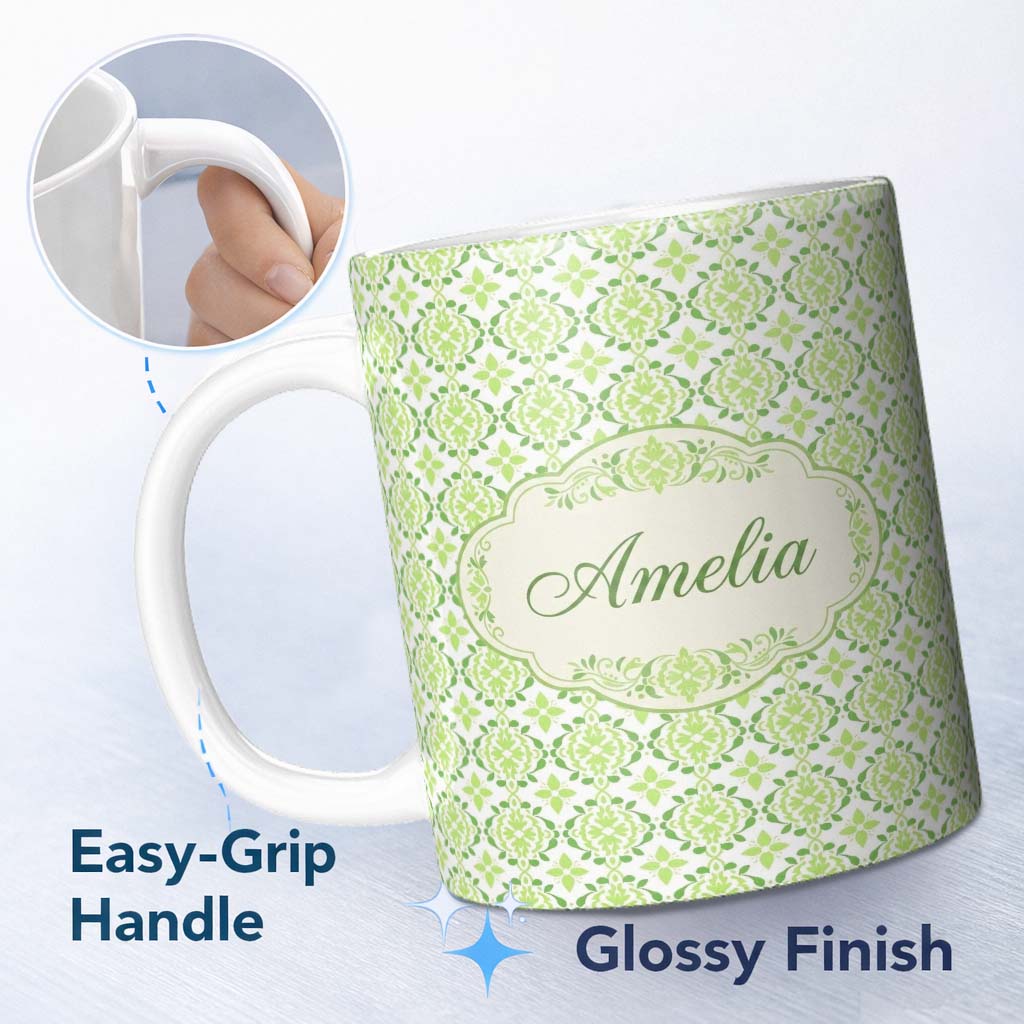 Personalized Custom Name Geometric Floral Green Tile Pattern on White Background Seamless 11oz Ceramic Coffee Tea Mug White Large Handle