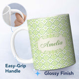 Personalized Custom Name Geometric Floral Green Tile Pattern on White Background Seamless 11oz Ceramic Coffee Tea Mug White Large Handle