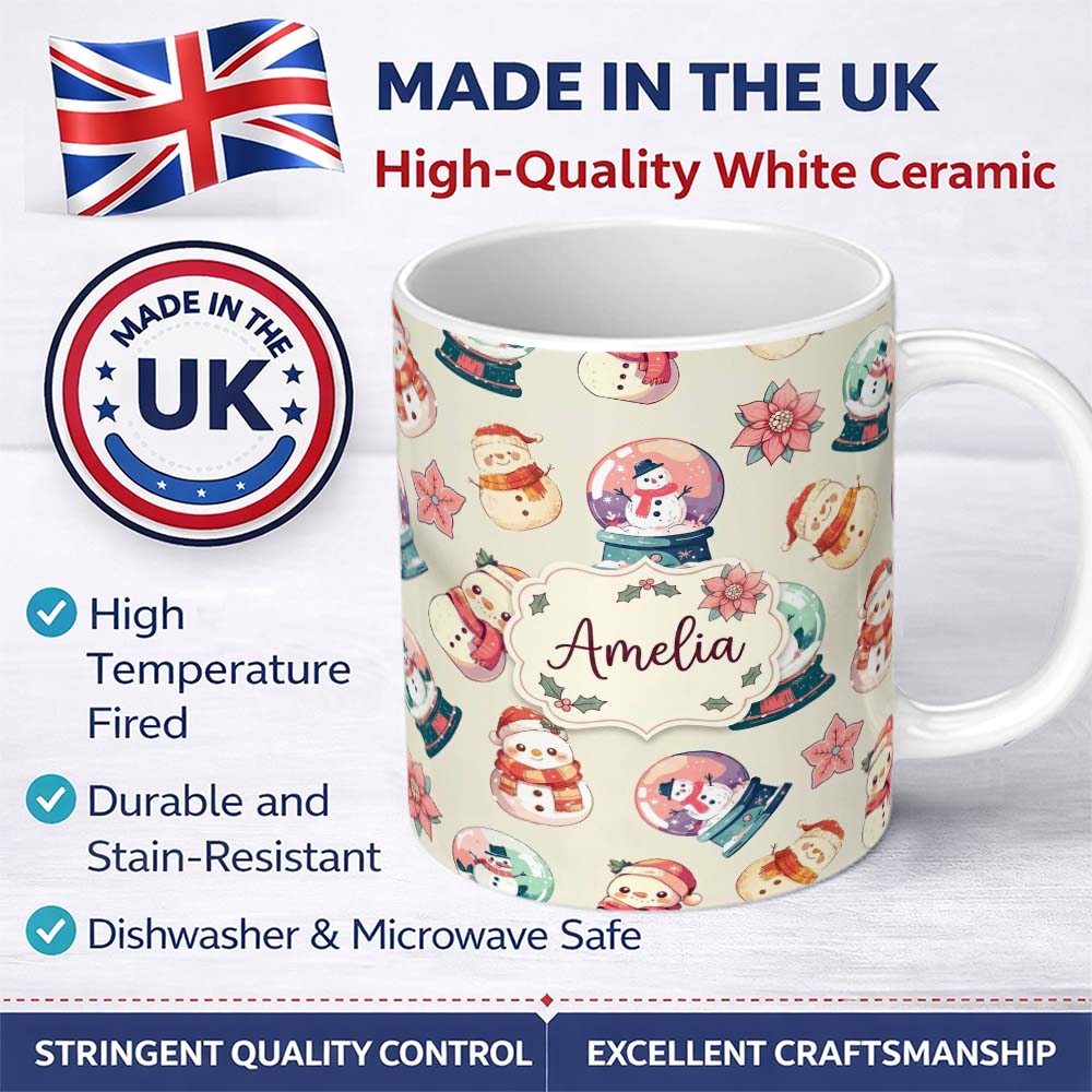Personalized Custom Name Cute Snowman Snow Globe Poinsettia Flower Christmas Pattern Cream 11oz Ceramic Coffee Tea Mug White Large Handle