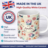 Personalized Custom Name Cute Snowman Snow Globe Poinsettia Flower Christmas Pattern Cream 11oz Ceramic Coffee Tea Mug White Large Handle
