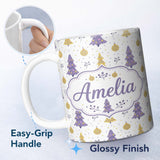 Personalized Custom Name Pastel Christmas Trees Ornaments Soft Purple Yellow Seamless Pattern 11oz Ceramic Coffee Tea Mug White Large Handle