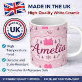 Personalized Custom Name Cute Pink Gift Box Candy Cane Snowflake Seamless Pattern Lovely 11oz Ceramic Coffee Tea Mug White Large Handle