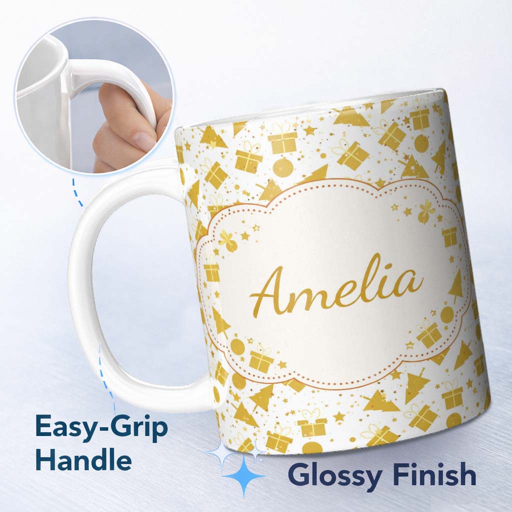 Personalized Custom Name Gold Christmas Icons Pattern White Background Seamless Lovely 11oz Ceramic Coffee Tea Mug White Large Handle