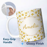 Personalized Custom Name Gold Christmas Icons Pattern White Background Seamless Lovely 11oz Ceramic Coffee Tea Mug White Large Handle