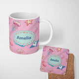 Personalized Custom Name Cute Blue Mermaid Jellyfish Seahorse and Ocean Creatures Soft Pink 11oz Ceramic Coffee Tea Mug White Large Handle