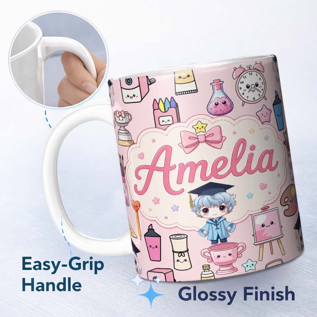 Personalized Custom Name Cute Kawaii Graduate Boy Science Art Supplies Seamless Pattern Pink 11oz Ceramic Coffee Tea Mug White Large Handle