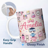 Personalized Custom Name Cute Kawaii Graduate Boy Science Art Supplies Seamless Pattern Pink 11oz Ceramic Coffee Tea Mug White Large Handle
