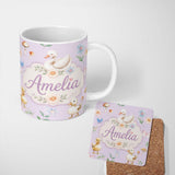 Personalized Custom Name Cute Swan Ducklings Mushrooms and Flowers on Soft Lavender Lovely 11oz Ceramic Coffee Tea Mug White Large Handle