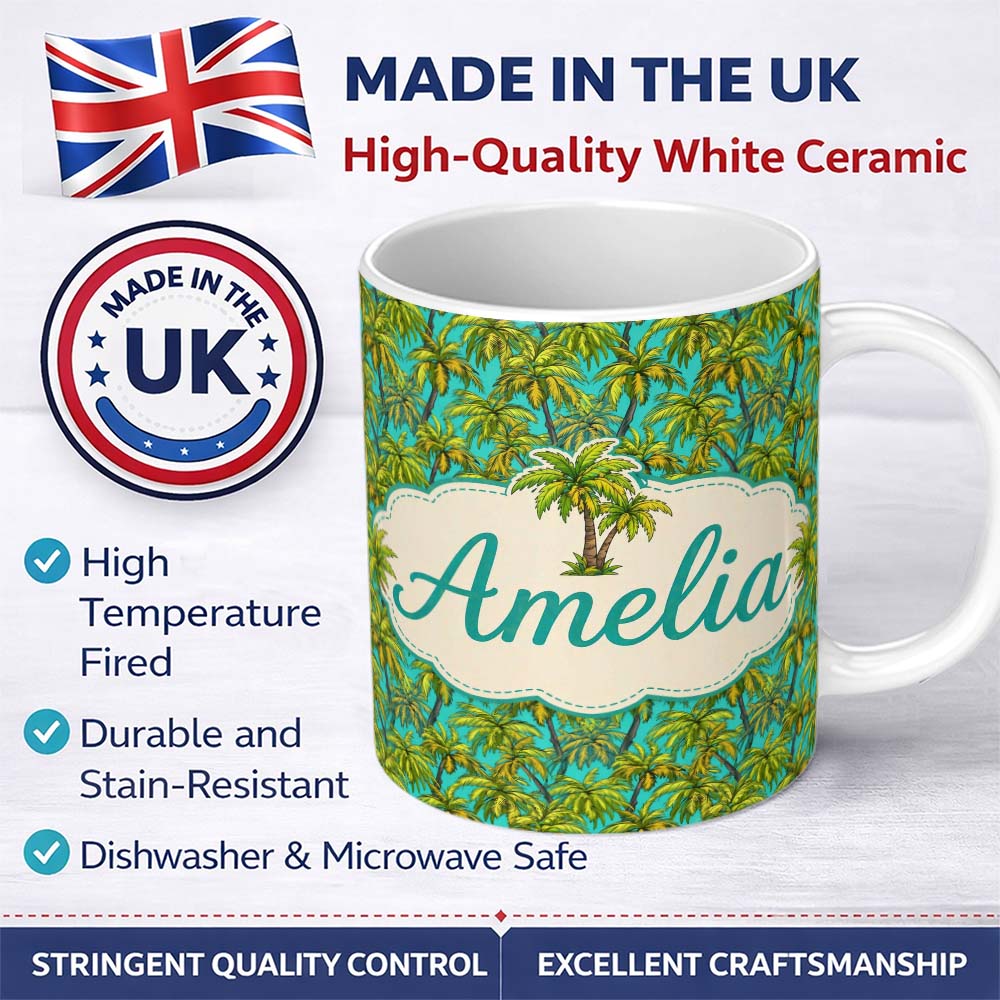 Personalized Custom Name Tropical Palm Tree Summer Beach Seamless Pattern on Blue Background 11oz Ceramic Coffee Tea Mug White Large Handle