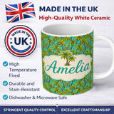 Personalized Custom Name Tropical Palm Tree Summer Beach Seamless Pattern on Blue Background 11oz Ceramic Coffee Tea Mug White Large Handle