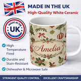 Personalized Custom Name Classic Christmas Ornaments Pine Branches and Bows Traditional 11oz Ceramic Coffee Tea Mug White Large Handle