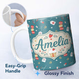 Personalized Custom Name Cute Tea Dessert Strawberry Macaron Seamless Pattern Lovely 11oz Ceramic Coffee Tea Mug White Large Handle