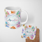 Personalized Custom Name Watercolor Cupcake Sweet Dessert Splash Seamless Pattern Lovely 11oz Ceramic Coffee Tea Mug White Large Handle