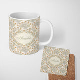 Personalized Custom Name Vintage Botanical Flowers and Leaves Natural Seamless Pattern Lovely 11oz Ceramic Coffee Tea Mug White Large Handle