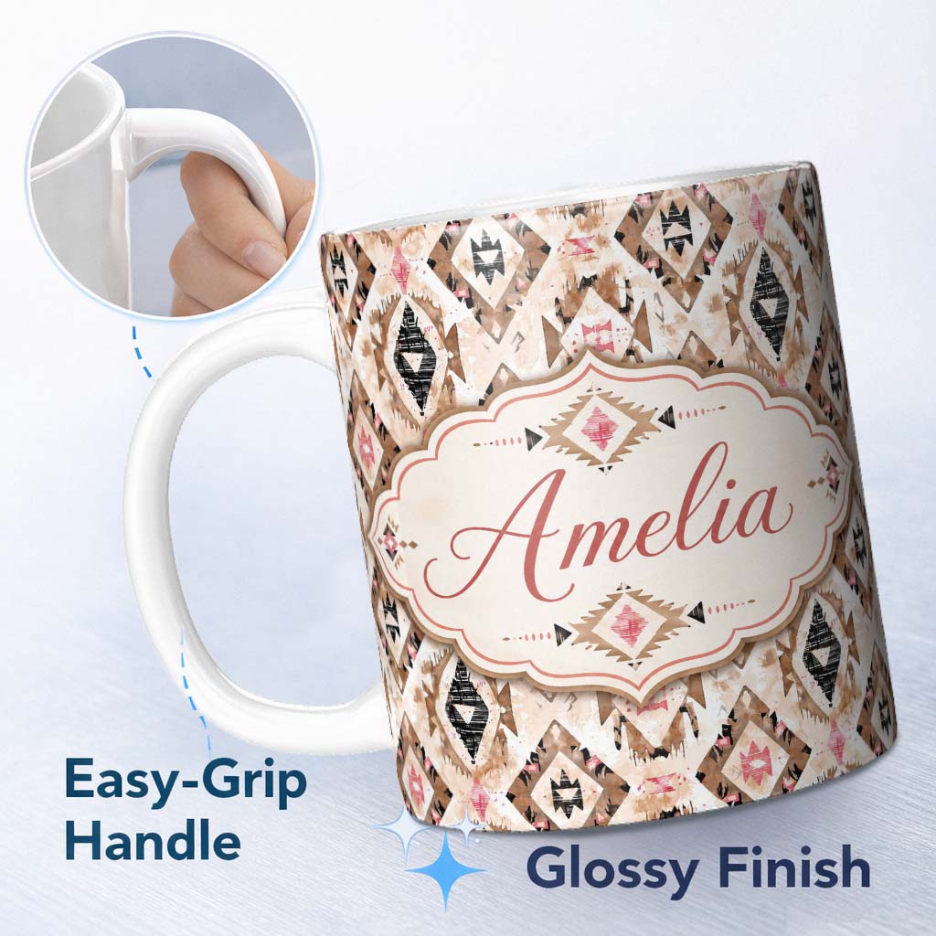 Personalized Custom Name Abstract Boho Tribal Shapes in Neutral Tones Seamless Pattern Lovely 11oz Ceramic Coffee Tea Mug White Large Handle