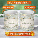 Personalized Custom Name Mushroom Botanical Seamless Pattern Cute Unique Gift Lovely 11oz Ceramic Coffee Tea Mug White Large Handle
