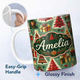 Personalized Custom Name Colorful Christmas Trees Gifts Snowflakes Festive Holiday Seamless 11oz Ceramic Coffee Tea Mug White Large Handle
