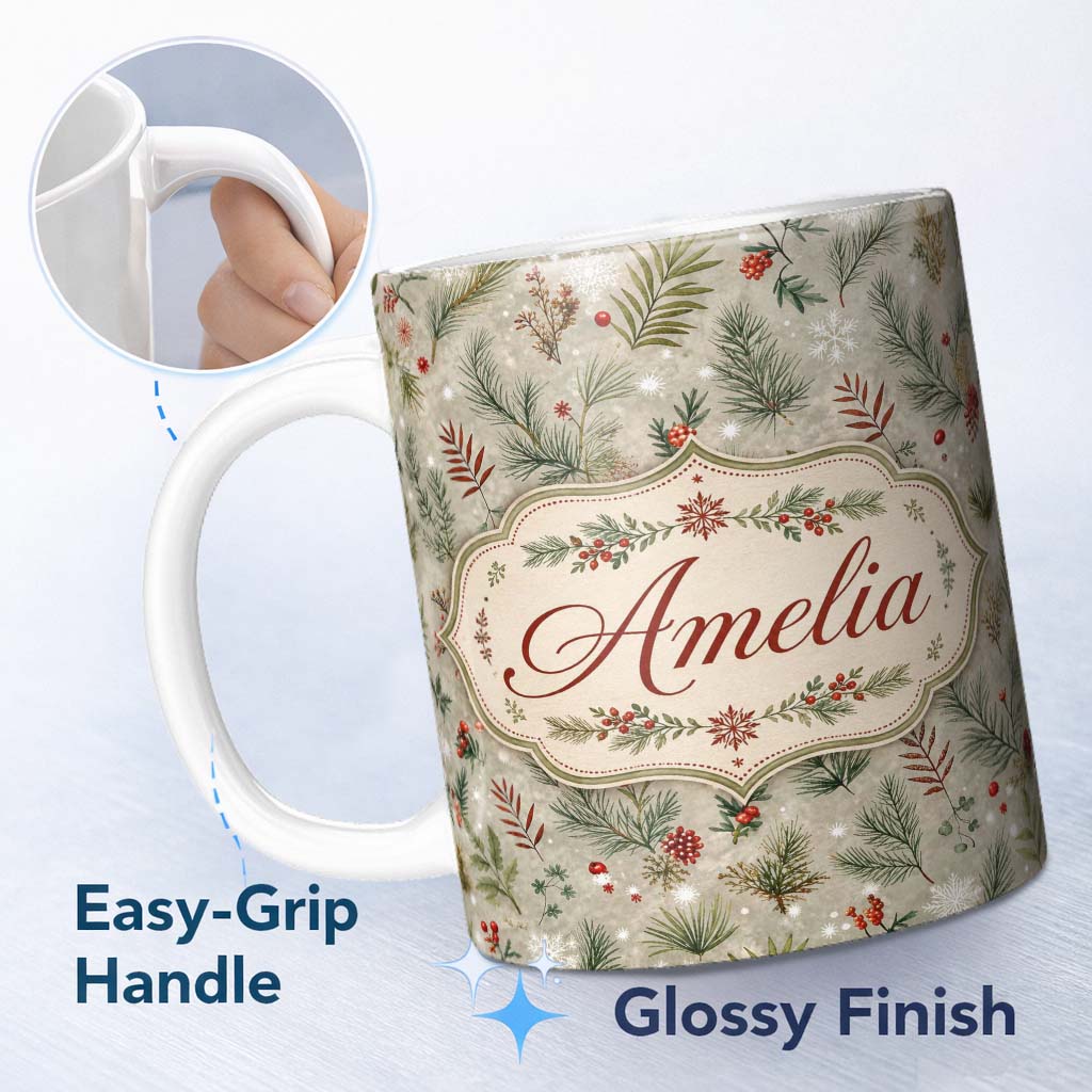 Personalized Custom Name Minimal Winter Botanical Pine Branch Berries Seamless Pattern Lovely 11oz Ceramic Coffee Tea Mug White Large Handle