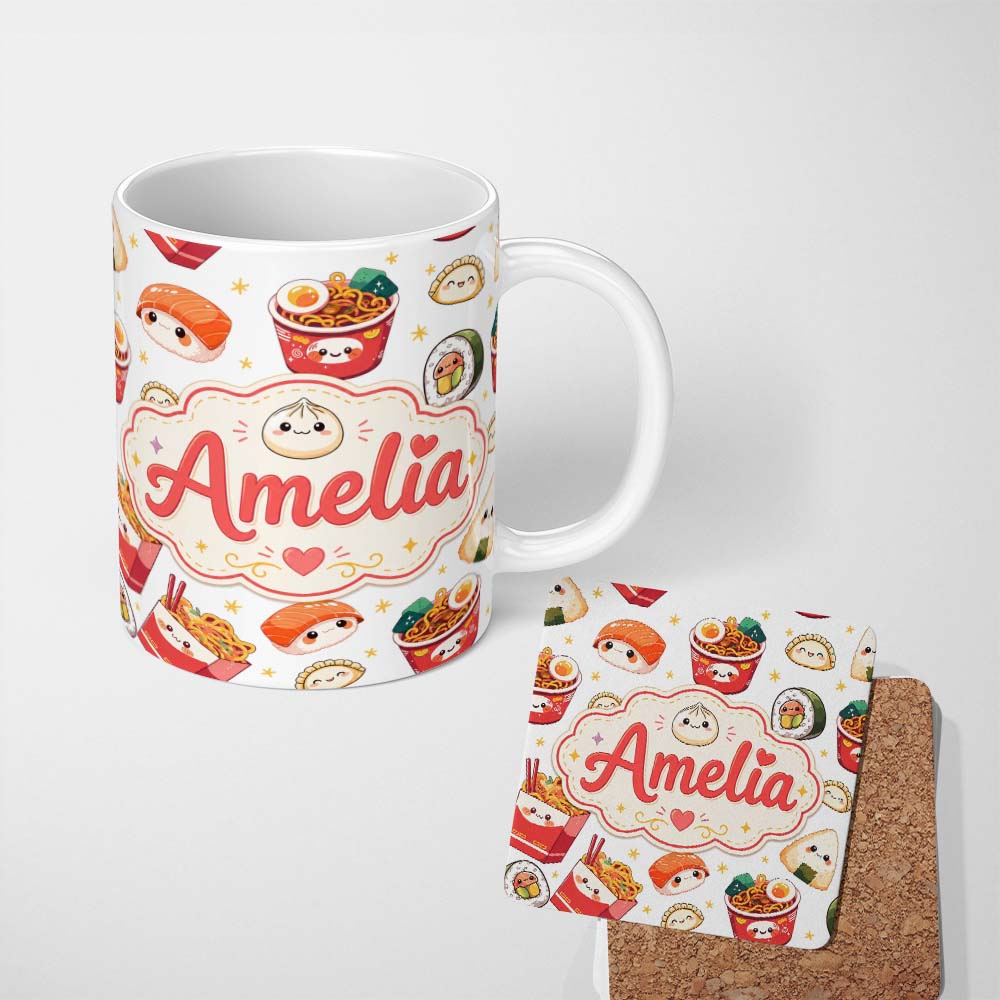 Personalized Custom Name Cute Kawaii Sushi Ramen Dumpling Food White Background Seamless 11oz Ceramic Coffee Tea Mug White Large Handle