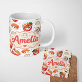 Personalized Custom Name Cute Kawaii Sushi Ramen Dumpling Food White Background Seamless 11oz Ceramic Coffee Tea Mug White Large Handle