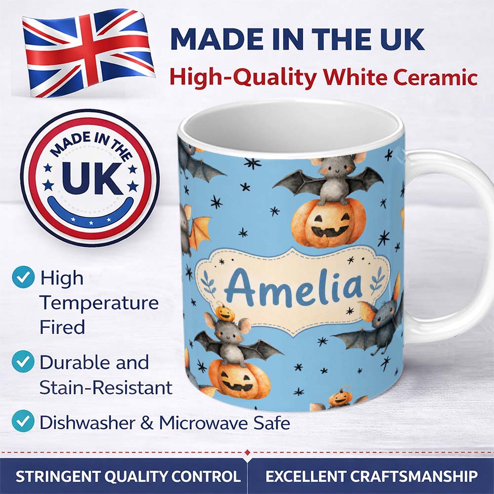 Personalized Custom Name Cute Halloween Bats Sitting on Pumpkins with Stars Blue Background 11oz Ceramic Coffee Tea Mug White Large Handle