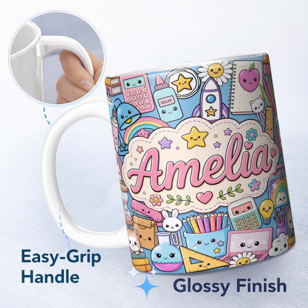 Personalized Custom Name Cute Kawaii School Supplies Science Art Cute Pattern Blue Background 11oz Ceramic Coffee Tea Mug White Large Handle