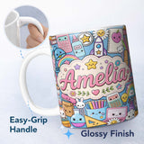 Personalized Custom Name Cute Kawaii School Supplies Science Art Cute Pattern Blue Background 11oz Ceramic Coffee Tea Mug White Large Handle