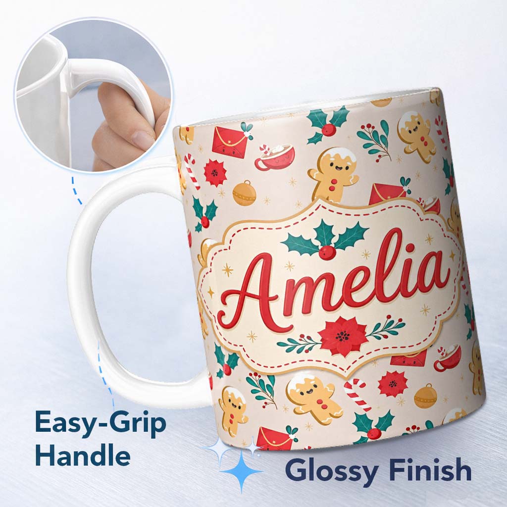 Personalized Custom Name Cute Gingerbread Cookies Cocoa Candy Cane Christmas Seamless Pattern 11oz Ceramic Coffee Tea Mug White Large Handle